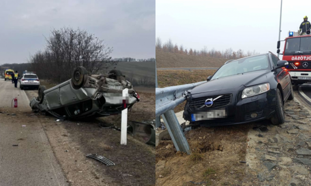 &Aacute;rokba &eacute;s szalagkorl&aacute;tnak csap&oacute;dott aut&oacute;kat mentettek kedden a tűzolt&oacute;k